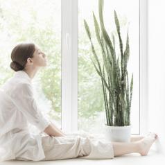 Person sitting by window looking up meditating